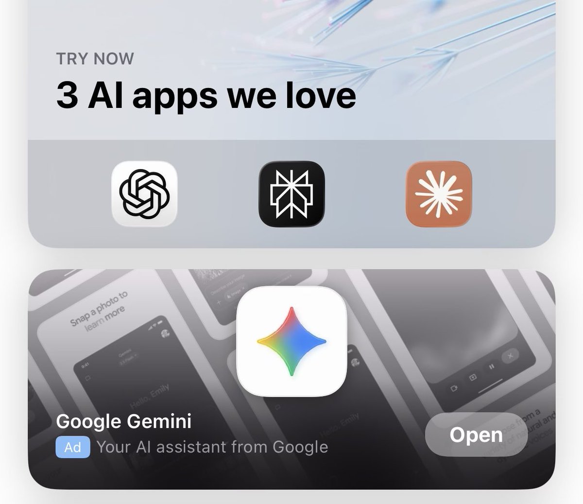Home page of App Store: 
How do we make Google pay for ads? 

Let’s just not include them.