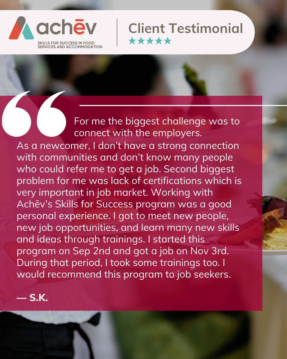 achev_ca's tweet image. Thank you, S.K., for sharing your experience with Achēv’s Skills for Success in Food Services and Accommodation program! Join the program to build foundational and transferable skills essential for careers in hospitality: bit.ly/4n0xkoG