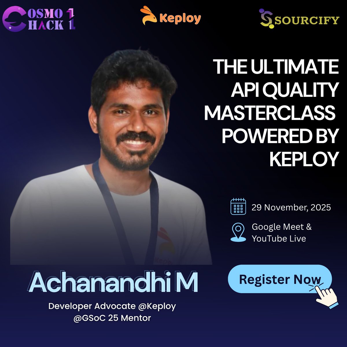 SourcifyIN's tweet image. 🌟 @SourcifyIN Presents:

Ultimate API Quality Masterclass by @Keployio 💻

🎙️ Speaker: @Achanandhi24 
Developer Advocate @Keployio &amp;amp; @GSoC&apos;25 Mentor

Test APIs smarter — record real traffic, auto-generate tests &amp;amp; catch bugs early with Keploy🚀

#Cosmohack1 #Keploy #Sourcifyin