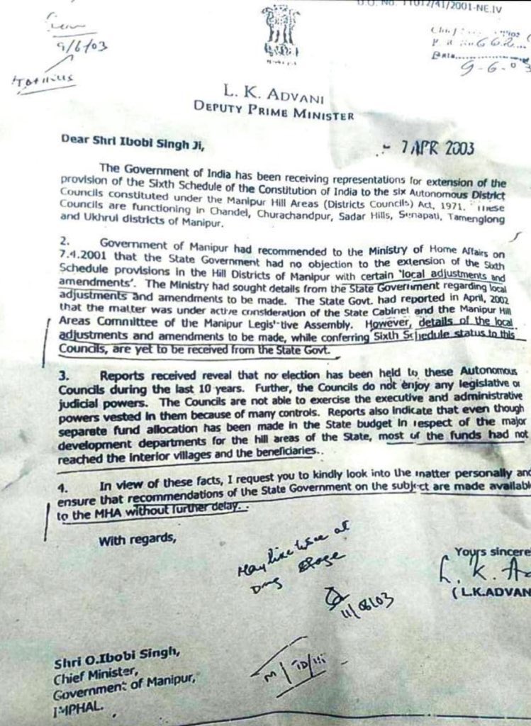 In a bombshell revelation from a 2003 letter written by LK Advani, then Deputy Prime Minister of India, the Manipur government reportedly had no objection to the extension of Sixth Schedule status for the Autonomous District Councils in the hill areas.