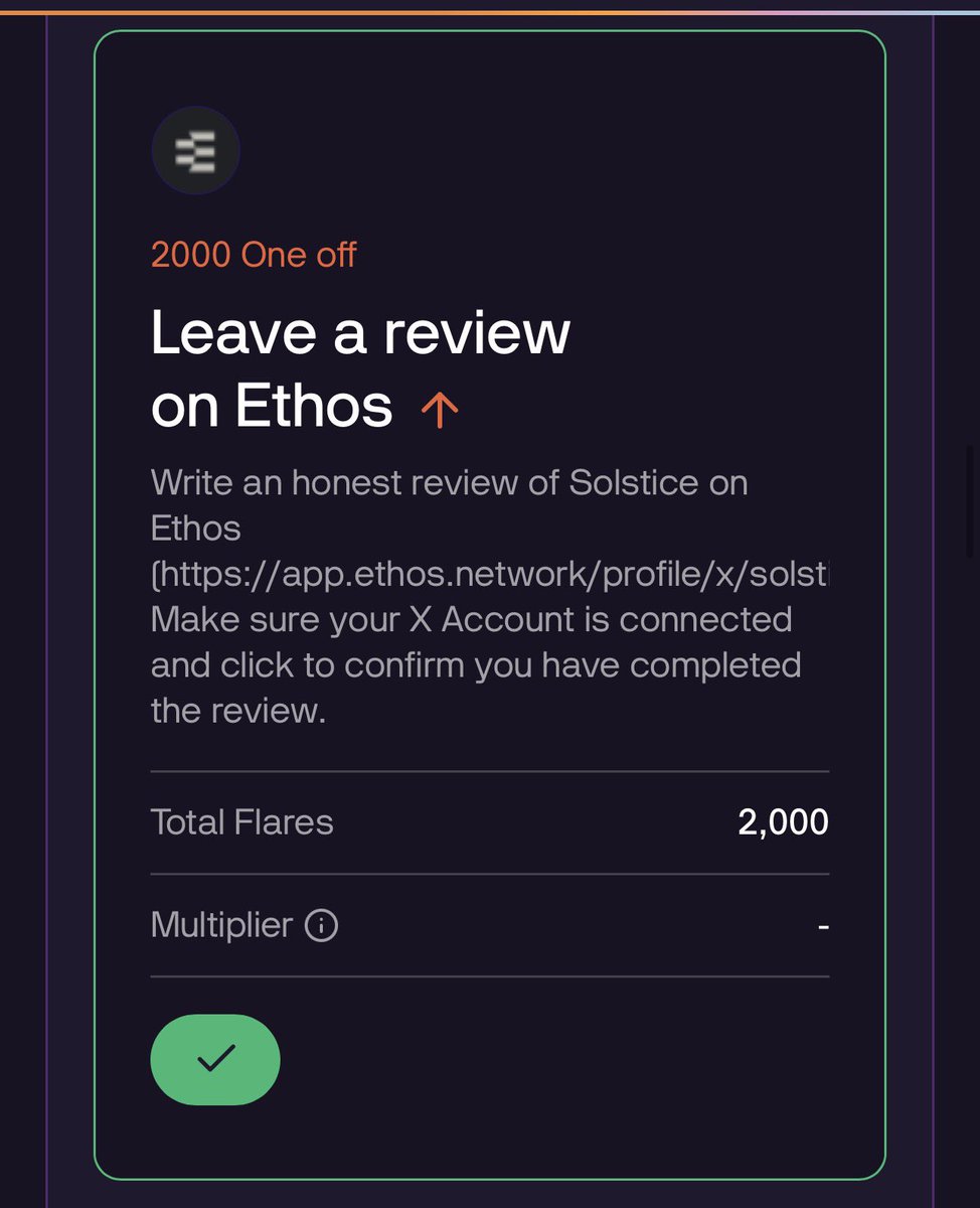 Get 3,000 Flares for Free 

Big news for all <a href="/solsticefi/">Solstice</a> participants! 

Write a review on Ethos for Solstice and instantly claim 2,000 Flares for free 

The X account connection bug has been fixed! Now, simply link your X account to Solstice and receive an additional 1,000
