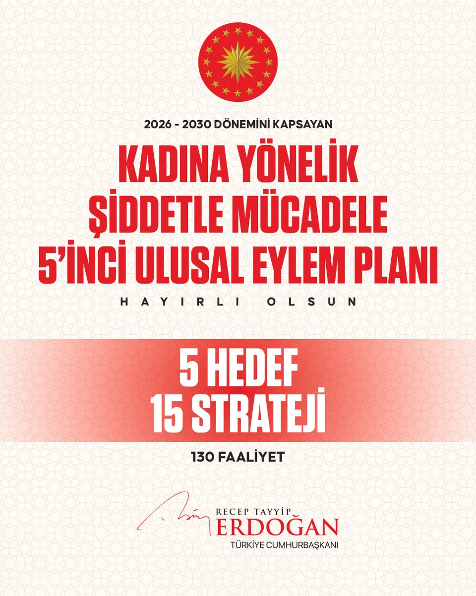 2007’den bu yana kararlılıkla uyguladığımız Kadına Yönelik Şiddetle Mücadele Ulusal Eylem Planlarımızın 4’üncüsünü geride bıraktık.

5’inci Ulusal Eylem Planı’nı ise bugün yayımladığımız genelgeyle yürürlüğe koyduk.