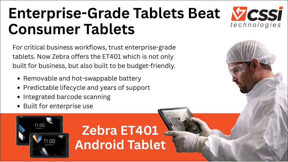 Tempted to use consumer-grade tablets in business applications? Wait... Zebra's new ET401 tablet is a truly enterprise grade tablet which benchmarks favorably against consumer brands. 
cssi.com/2025/11/07/zeb…