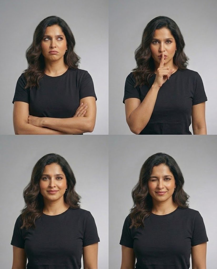 CodeByPoonam's tweet image. Nano Banana Pro is absolutely genius.

Prompt: Make this person do the expression of 4 emojis: 😒 🤫🙂😉