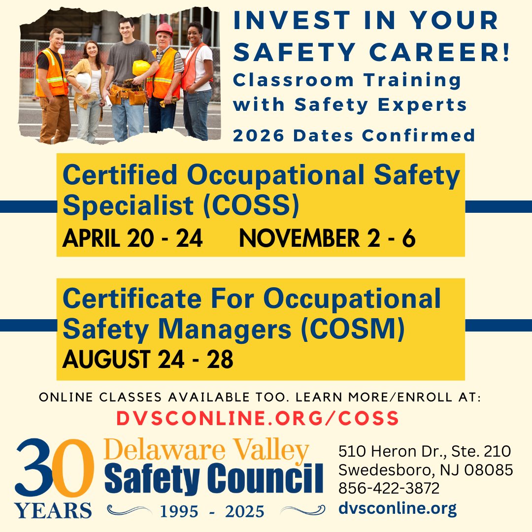 DvscAdmn's tweet image. Invest In Your Safety Career!  

Certified Occupational Safety Specialist (COSS) 
Certificate for Occupational Safety Managers (COSM)

2026 Classroom Training Dates  

Learn more/enroll at: 
dvsconline.org/coss 

#COSS 
#COSM
#SafetyMatters 
#SafetyCareer