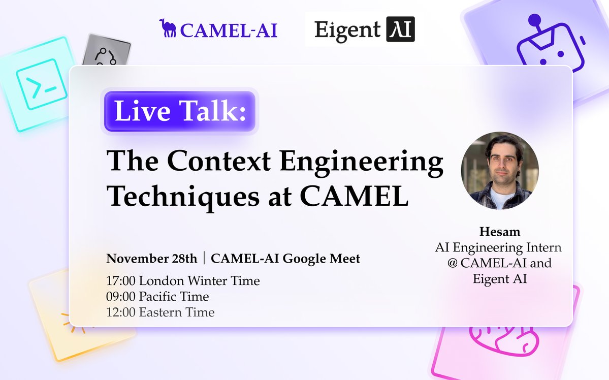 CamelAIOrg's tweet image. 🚨 CAMEL-AI Live Talk: The Context Engineering Techniques at CAMEL
Our engineer @Hesamation will share the thinking behind CAMEL’s memory architecture.

What You’ll Learn from this live talk:
1. Context Summarization
How to keep agents focused by trimming low-value context.
2.…