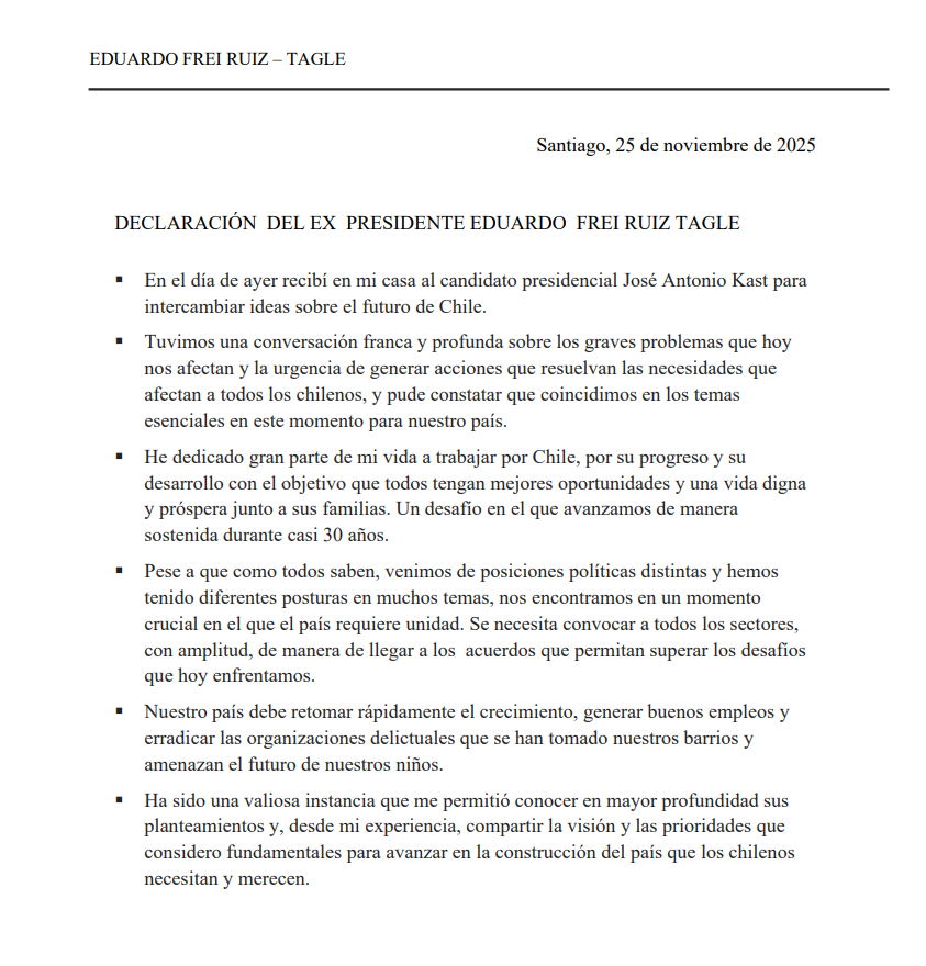 Generosidad infinita del Presidente Frei al apoyar a José Antonio Kast. También es un fuerte mensaje a toda la ex Concertación que estuvo por el rechazo el 2022: nuestros puntos en común superan ampliamente nuestras diferencias.