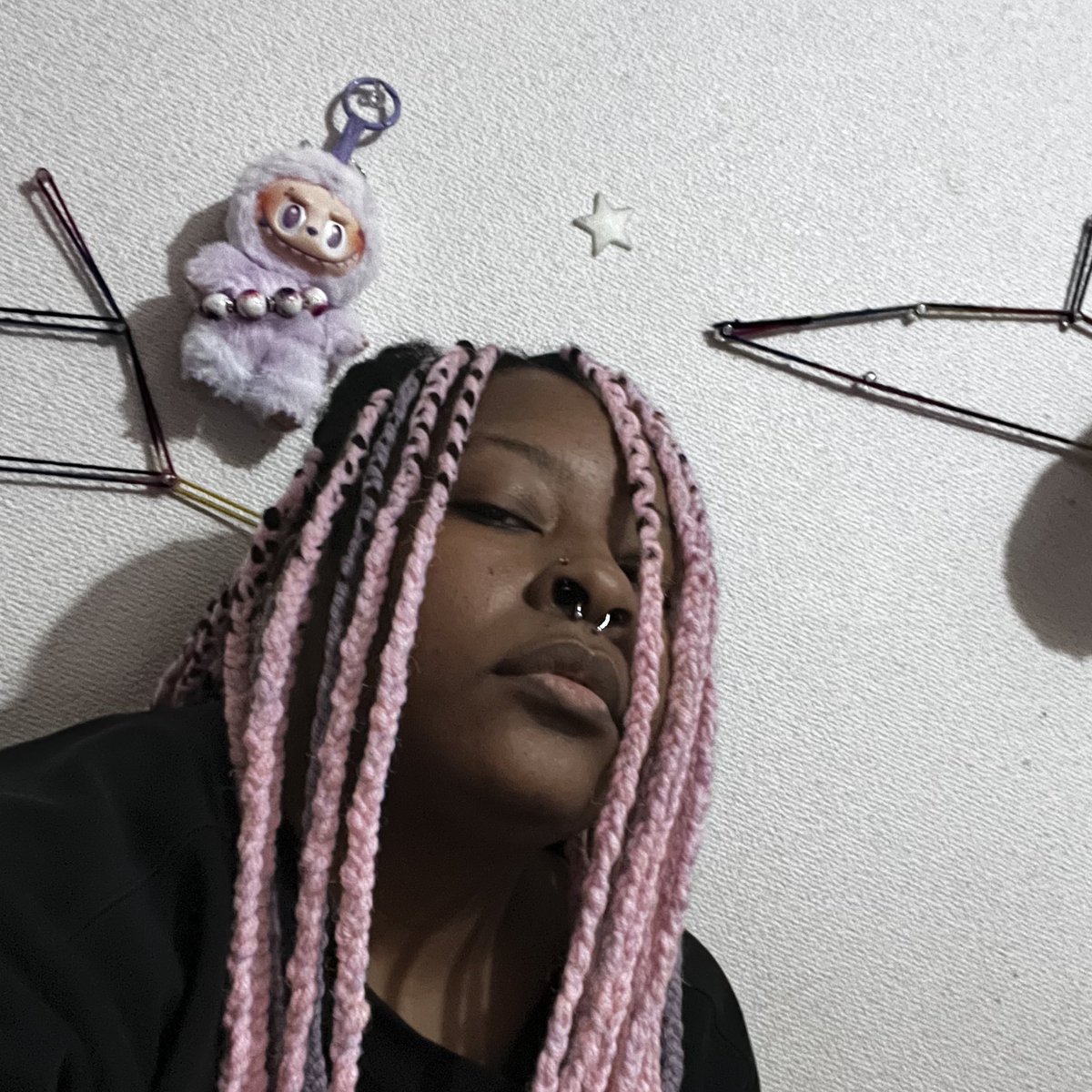 ebibebibae's tweet image. Don’t talk to me or my son (he is a labubu…his hair is a little bit pink and purple like his mother)