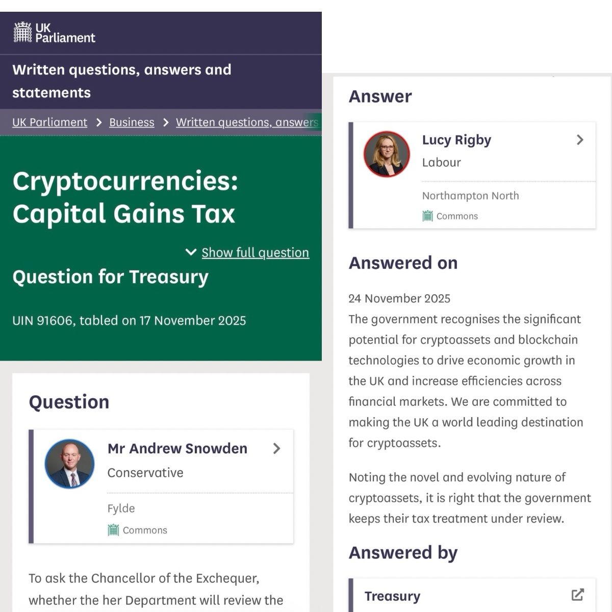 Brit_blockchain's tweet image. 📍Capital Gains Tax on Crypto:

🎤@A_J_Snowden MP has raised a number of questions in Parliament on Crypto&apos;s potential risks to financial stability and also on the tax treatment of crypto.

➡️ On financial stability, Mr Snowden has asked the Treasury to assess the risks that…