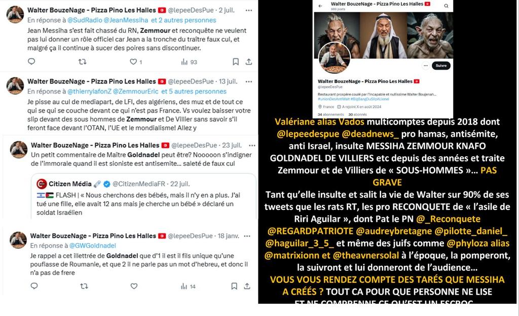 Walter_Boujenah's tweet photo. Tu n as sans doute pas fait allegeance au RN, à l'epoque, ni à "l'etat #messihalopitheque" depuis que @jeanmessiha s est fait virer 🤣
Ca doit être pour ça, en plus de ton coté metisse, car n oublie jamais que sur ce RS et pour ces groupes sectaires de # anonymes tenus par ses employés comme Thierry Gauche ou Dédé la bequille guibolée canine, ou des anonymes autoproclamés PATRIOTES, être PATRIOTE, c est RT les punchlines (les mêmes depuis 6 ans) d un camelot opportuniste énarque fonctionnaire en disponibilité et faire des dons à ses associations fantômes pompes à fric subventionnées 🤣
Mais si comme Valeriane Vados, tu insultes le boss WB, là tu auras plein de nouveaux amis caf ards et boosts, ou alors, comme Estoc, Dom ou Mumurge, si tu te dis harcelée par moi, la aussi, tu deviendras une STAR PATRIOTE 🤣
