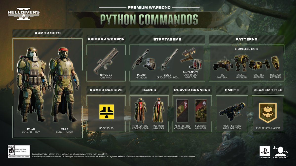 helldivers2's tweet image. Python Commandos highlights include:

Primary:
AR/GL-21 One-Two -  a combination assault rifle and grenade launcher

Stratagems:
M-1000 Maxigun -  a minigun belt-fed with ultra-high ammo capacity
AX/FLAM-75 “Guard Dog” Hot Dog - drone equipped with a flamethrower
CQC-9…