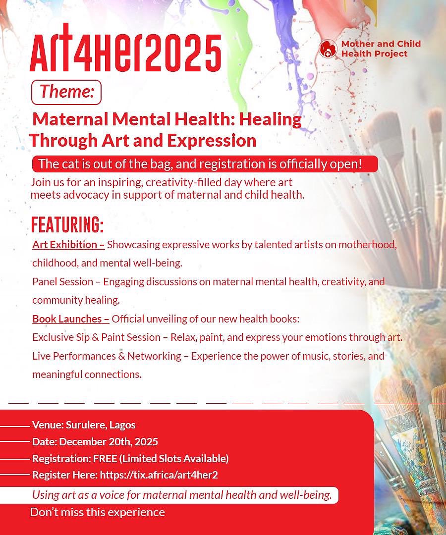 MCHProject's tweet image. Motherhood is beautiful—but it can also feel overwhelming. 🌟

Art4Her2025 offers a soft landing for expectant and new moms to relax, learn, heal, and connect through art and conversation. 🌺✨

💛 FREE Registration: tix.africa/art4her2

📍 Limited slots. Register for free