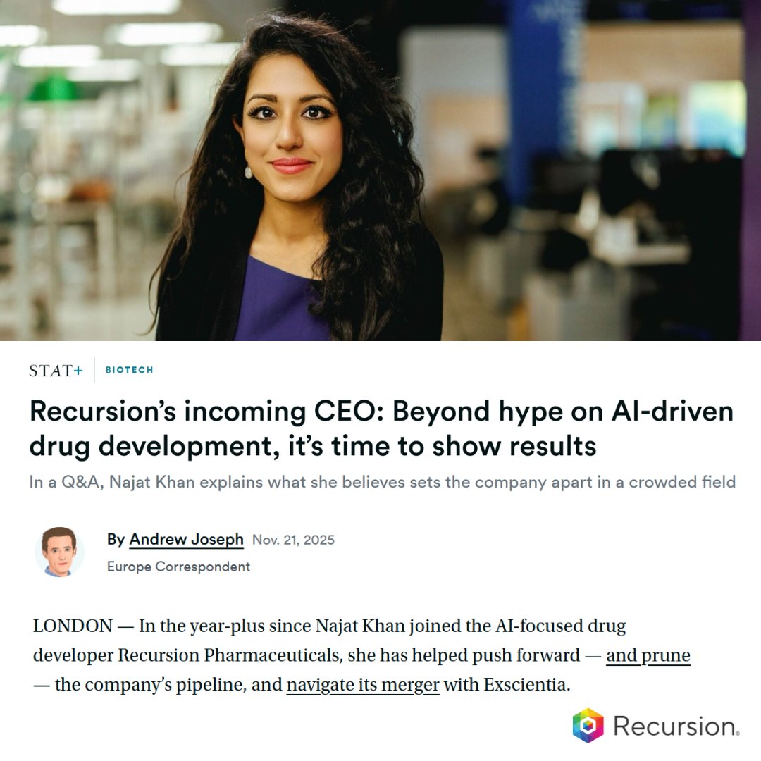 RecursionPharma's tweet image. In a new story in @statnews, incoming CEO and President Najat Khan, PhD spoke to @DrewQJoseph about why she’s confident in building on the company&apos;s progress in Recursion’s next chapter. 

▪️ On why she’s excited to lead. 
“Pairing ambition with discipline is very important. As…