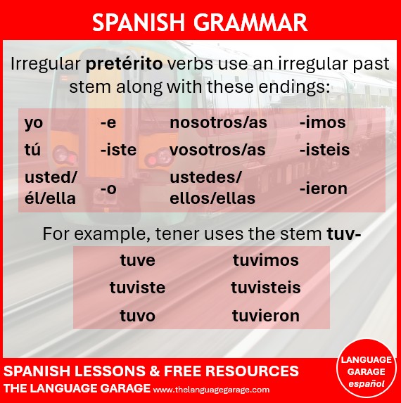 Language_Garage's tweet image. #Spanish irregular pretérito verbs use an irregular past stem along with one set of endings. -e, -iste, -o, -imos, -isteis, -ieron. #SpanishGrammar #SpanishVerbs #LearnSpanish. #Languages.  thelanguagegarage.com/spanish-irregu…