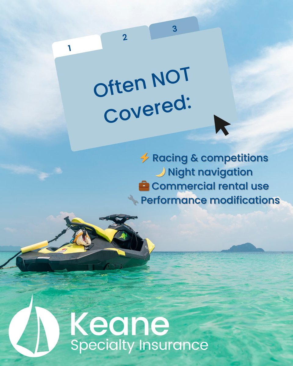 keanespecialty's tweet image. ⚠️ Standard PWC policies exclude racing, commercial use &amp;amp; night navigation. Make sure you're fully covered before you ride.
Get a Quote keanespecialty.com/get-a-quote
#JetSki #PWCInsurance #BoatingTips #BoatPrep #MarineInsurance #BoaterSafety