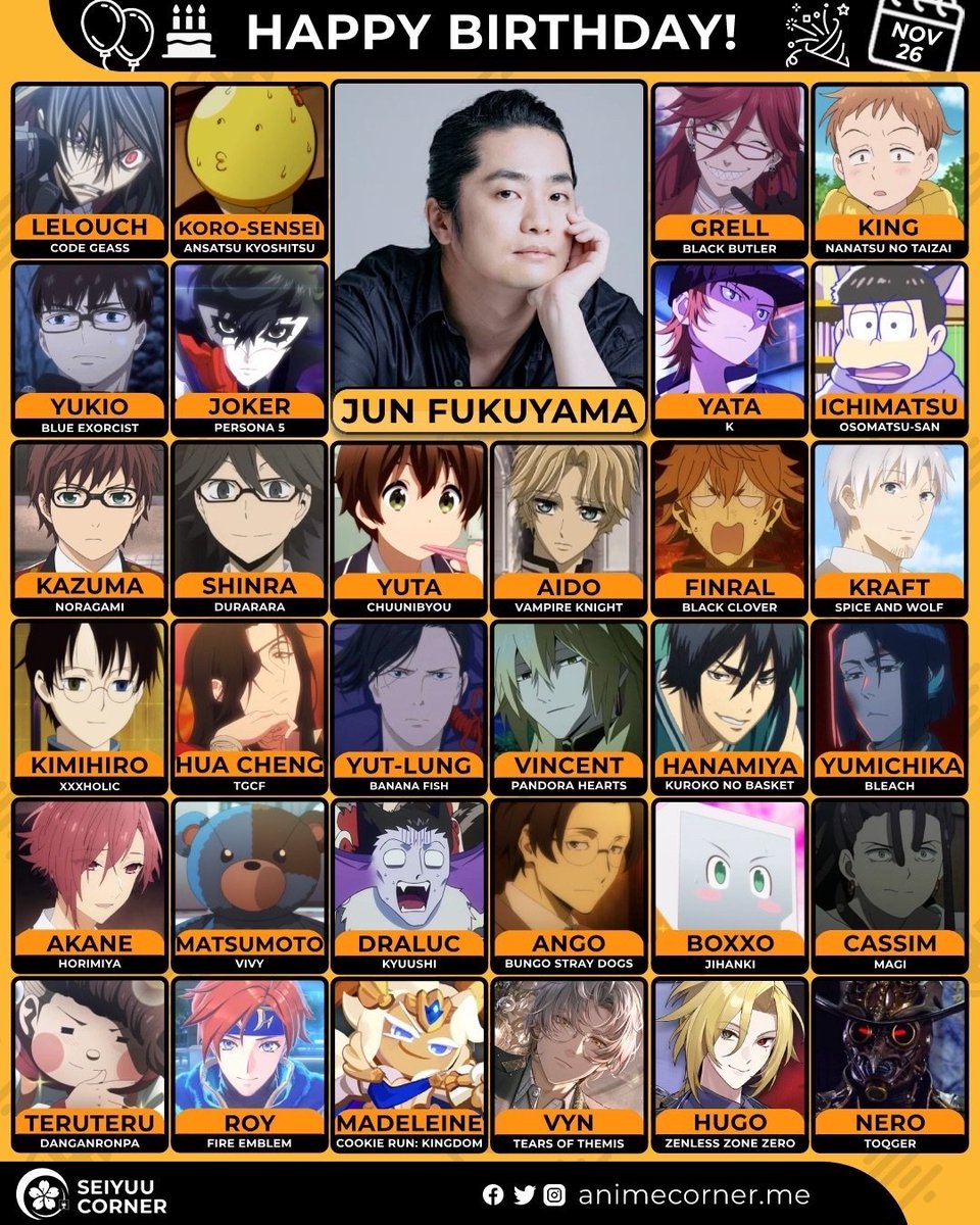 seiyuucorner's tweet image. Happy 47th birthday Jun Fukuyama! 🎉

Let&apos;s wish FukuJun all the best @black_fukuyama 

#JunFukuyama #福山潤 #福山潤生誕祭2025