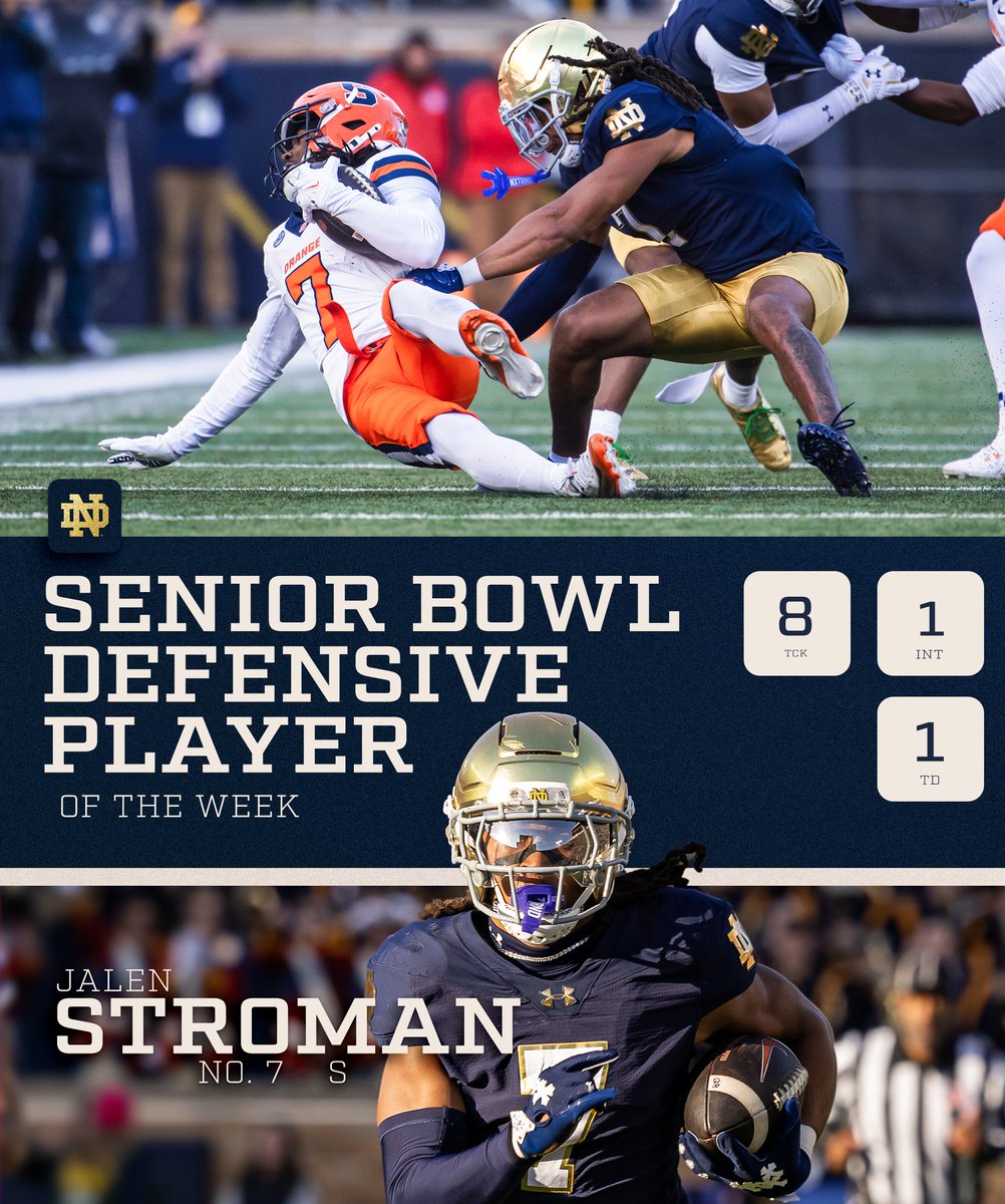 NDFootball's tweet image. 7️⃣ showed out

Jalen Stroman is the Senior Bowl Defensive Player of the Week ☘️

#GoIrish☘️ | @seniorbowl