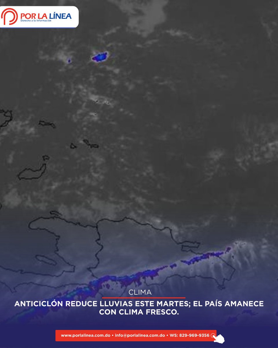 porlalineareal's tweet image. Un sistema anticiclónico mantiene bajo control las lluvias este martes y deja temperaturas frescas en gran parte del país.
Pronóstico completo en porlalinea.com.do

#ClimaRD #TiempoHoy #Meteorología