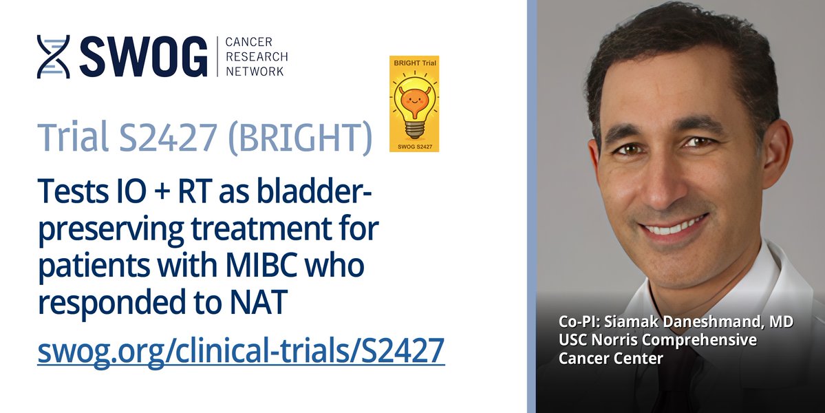 SWOG's tweet image. S2427 BRIGHT trial: In patients with #MIBC, can immunoradiotherapy after response to neoadj therapy (cT0 or cT1) allow for bladder preservation?
Systematic biopsies needed at post-NAT TURBT pre-registration.
Co-PI: @siadaneshmand @uscnorris
swog.org/clinical-trial…