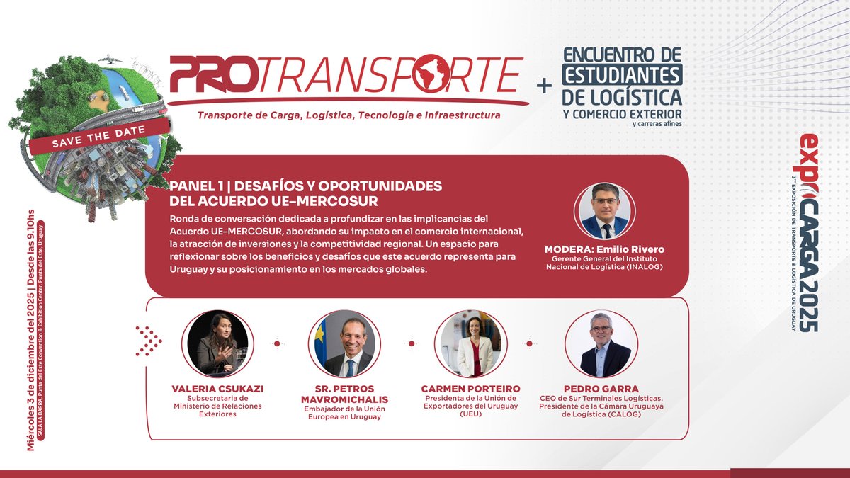 El 3 de diciembre comienza el foro PROTRANSPORTE, en el marco de EXPOCARGA 2025. El presidente de INALOG, Jerónimo Reyes Hansz, estará a cargo de la apertura, mientras que su gerente general, Emilio Rivero, moderará el panel UE–Mercosur junto a destacados referentes.