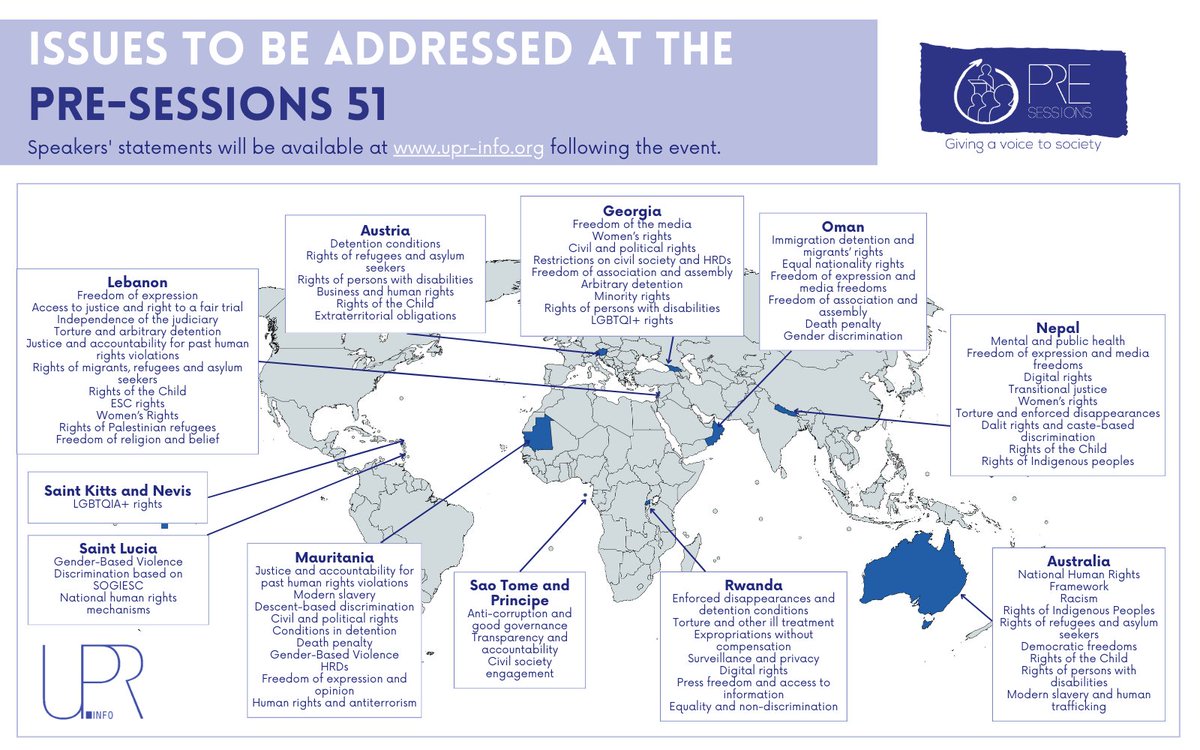 📢Tune in starting tomorrow for the Pre-sessions 51!

Civil society representatives from 🇦🇺🇦🇹🇬🇪🇱🇧🇲🇷🇳🇵🇴🇲 🇷🇼🇸🇹🇰🇳🇱🇨 will talk about the #humanrights situation in their country!

🗓️ 26-28 November 2025 at Palais des Nations #Geneva 

#PreSessions51 #UniversalPeriodicReview #PS51
