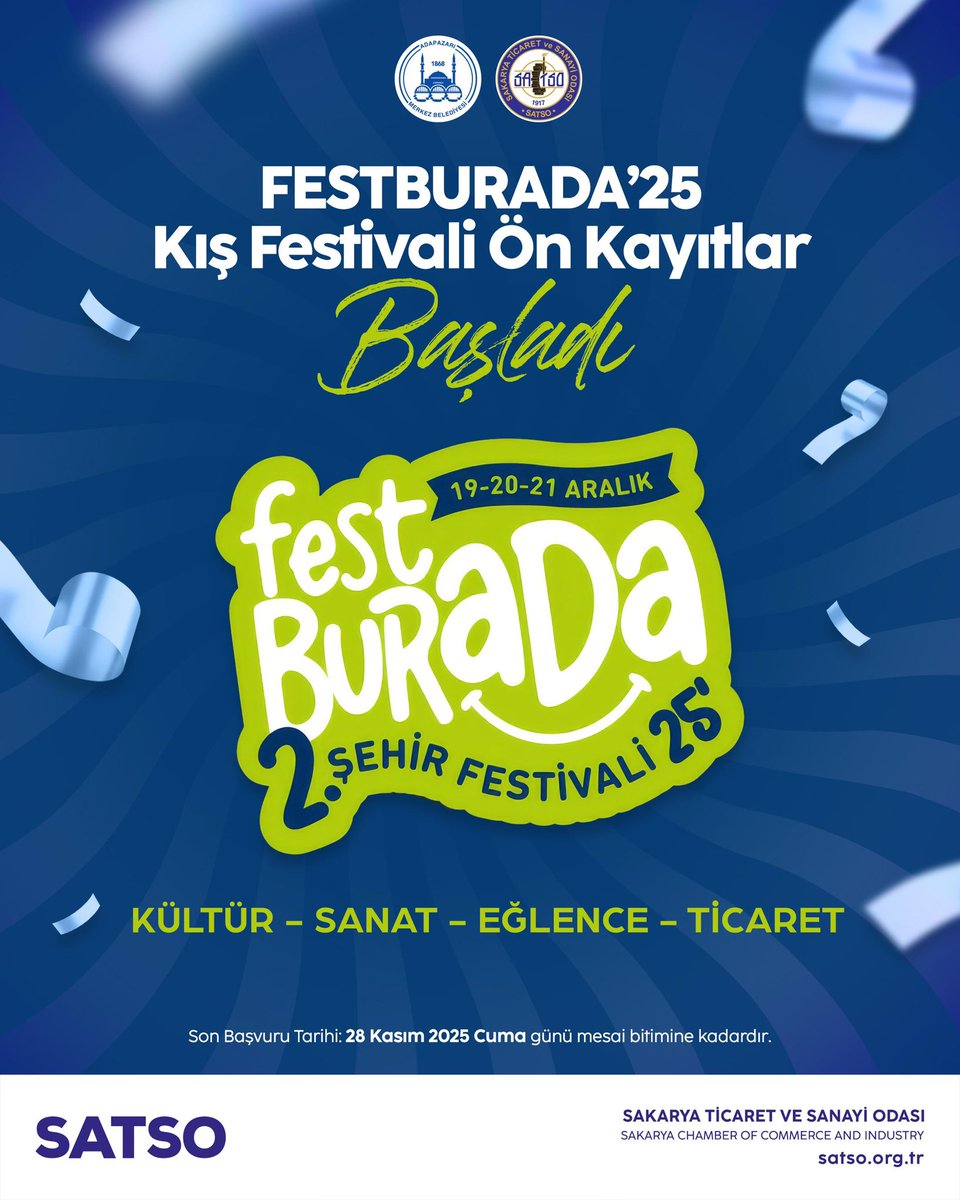 FESTBURADA 25 Kapılarını Açıyor! 🎉

Odamız ve Adapazarı Belediyesi iş birliğiyle, 19-20-21 Aralık 2025 tarihlerinde Sakarya Dernekkırı Millet Evi’nde düzenlenecek olan “FESTBURADA’25 Kış Festivali” hazırlıkları başladı! 

🎪  Odamız Ticareti Araştırma ve Geliştirme Komisyonu’nun