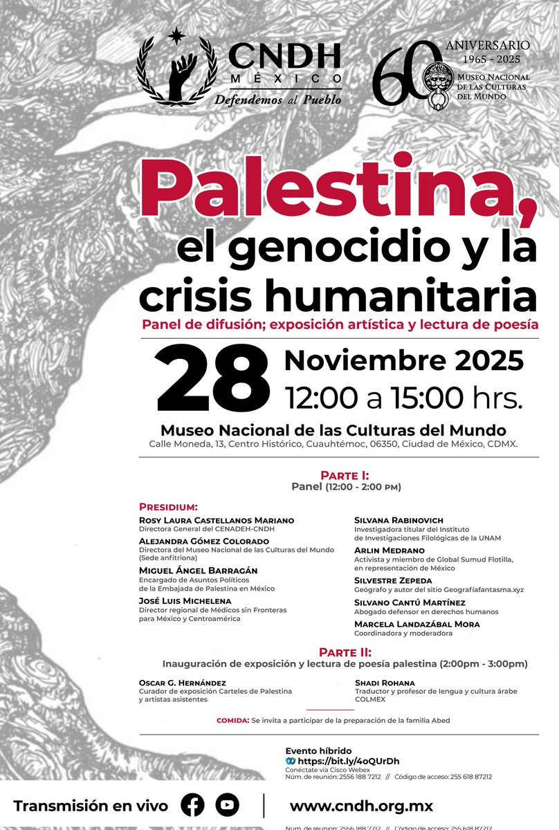 PalestineMX's tweet image. 𝗣𝗮𝗹𝗲𝘀𝘁𝗶𝗻𝗮, 𝗲𝗹 𝗴𝗲𝗻𝗼𝗰𝗶𝗱𝗶𝗼 𝘆 𝗹𝗮 𝗰𝗿𝗶𝘀𝗶𝘀 𝗵𝘂𝗺𝗮𝗻𝗶𝘁𝗮𝗿𝗶𝗮 
🗓 28 de noviembre
⏰️ 12:00 hrs. 
📍 @MuseoCulturas / Sala Eusebio Dávalos
Moneda 13, Centro Histórico, #CDMX
#EntradaLibre