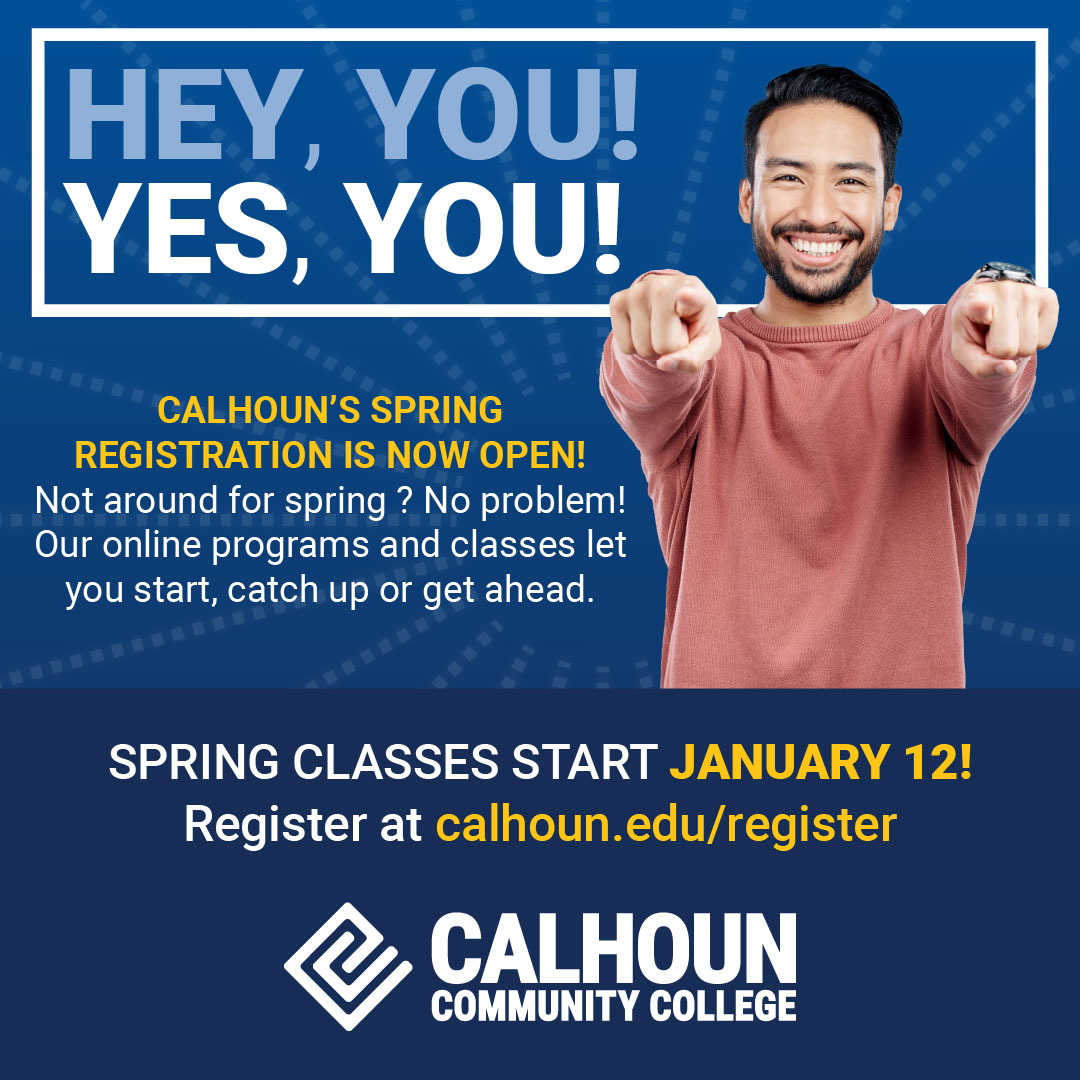 CalhounCollege's tweet image. Time to take the next step in your academic journey! Whether you&apos;re a returning student or new to campus, now is the perfect time to register for spring courses! Classes start January 12th, so visit calhoun.edu/register to get started today!