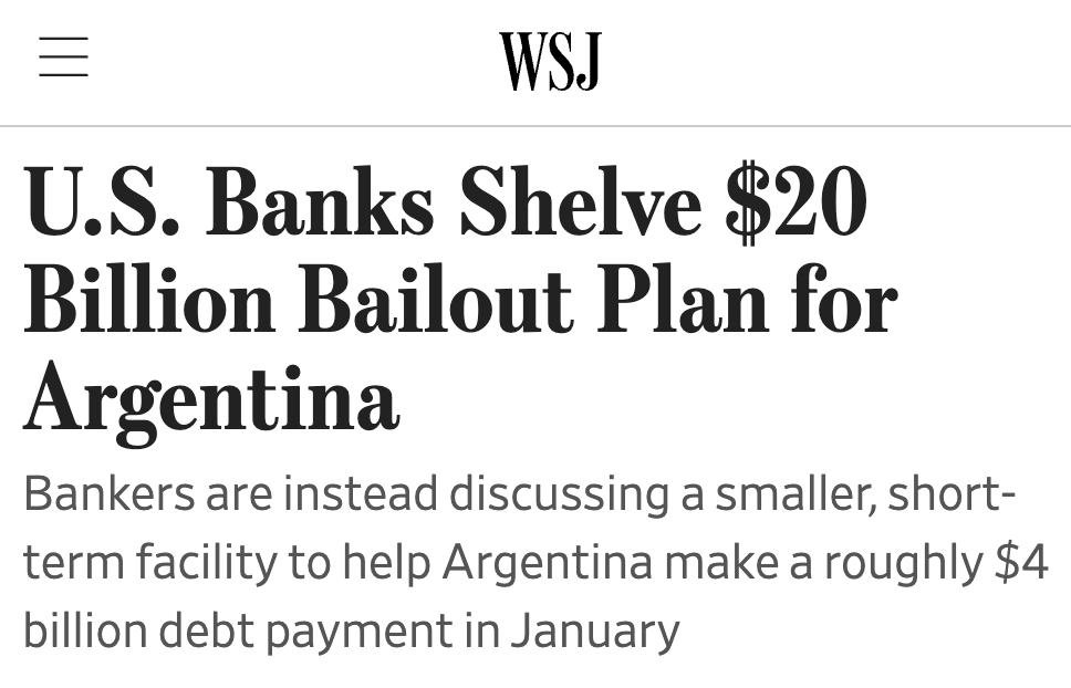 After I called out the big banks for adding ANOTHER $20 billion to Trump’s Argentina bailout, their plan is on ice.
 
But they are still exploring a $5 billion loan – potentially guaranteed by U.S. taxpayers.
 
No bailout for Argentina’s rich hedge fund investors.