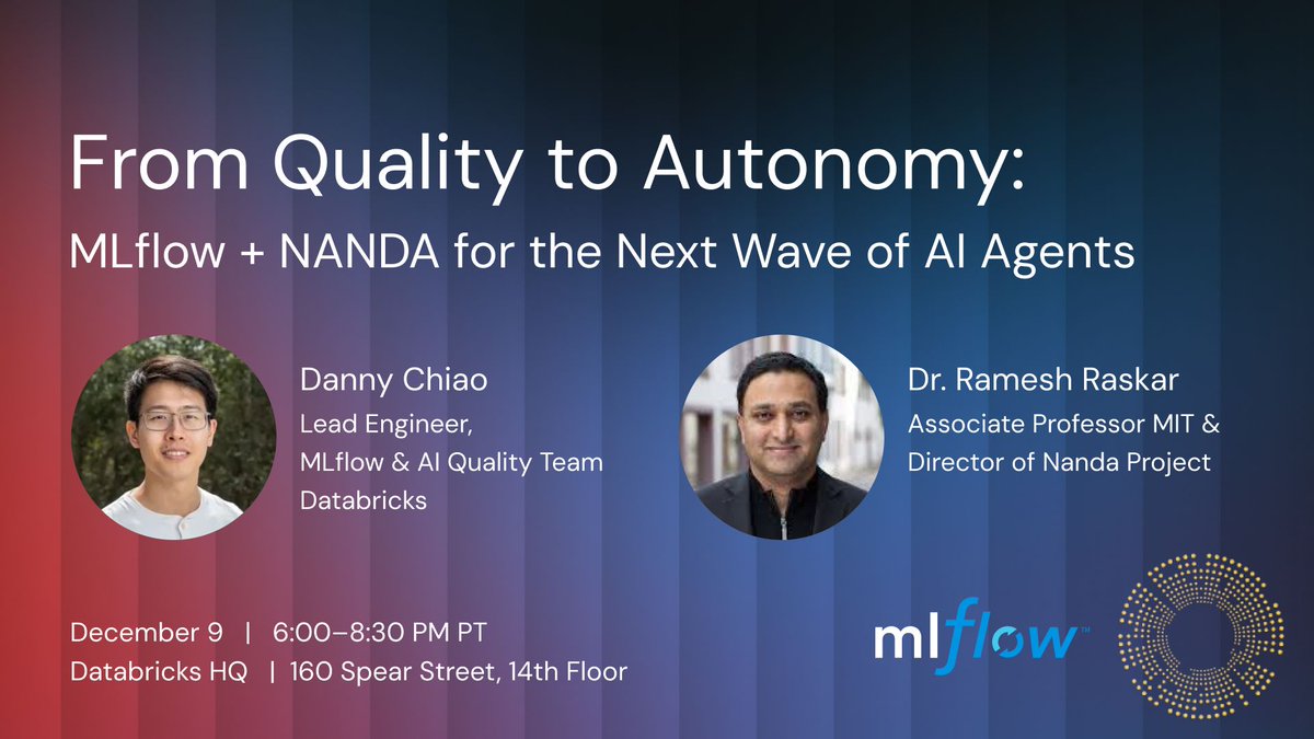 MLflow's tweet image. Developers are shifting gears from single models to full autonomous systems! Ready to master the next era of AI? 🚀

Join us as we deep-dive into two critical pillars powering this transition:
✨ MLflow GenAI: Essential for evaluation, monitoring, and quality observability of…