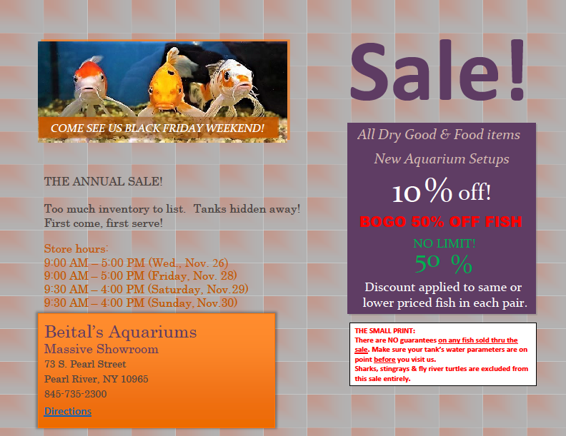 beitalsNY's tweet photo. The #sale starts #tomorrow &amp; then after Sunday it is gone! @beitalsny #livingart
10% off all #aquariums, cabinets, #fishfood, etc. OR #BOGO50 off on ALL pairs of #tropicalfish! #goldfish #bogo50off #blackfridayweekend #fishtank #saltwater #reef #newfishtank #family #gifts https://t.co/ftNDE8Brs5
