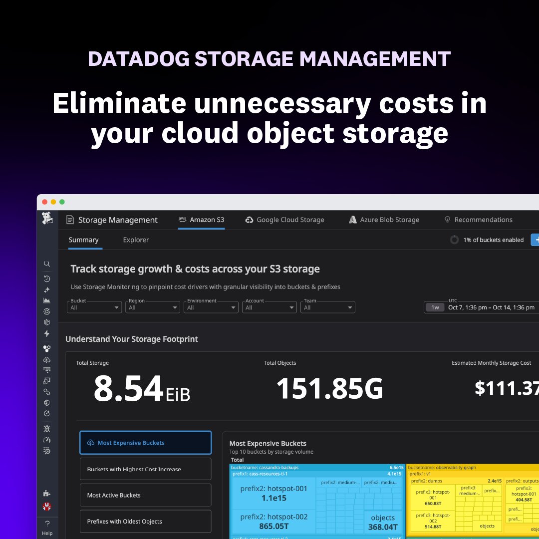 datadoghq's tweet image. As cloud object storage usage grows with AI and data-intensive workloads, storage costs can quickly spiral.

Take control with Datadog Storage Management by pinpointing which teams, services, workloads, and data sets are driving costs with granular visibility into all — in one…