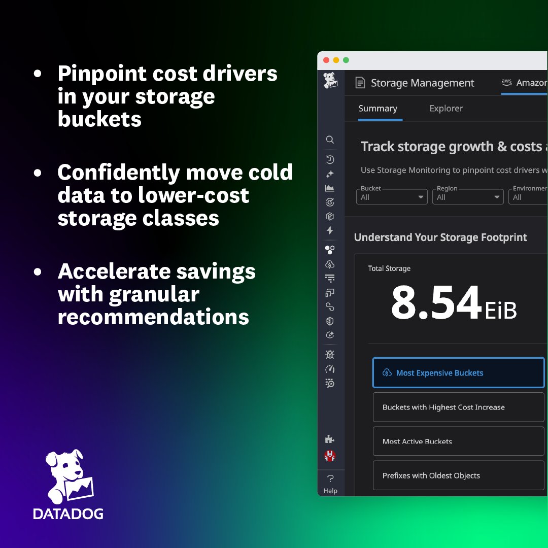 datadoghq's tweet image. As cloud object storage usage grows with AI and data-intensive workloads, storage costs can quickly spiral.

Take control with Datadog Storage Management by pinpointing which teams, services, workloads, and data sets are driving costs with granular visibility into all — in one…