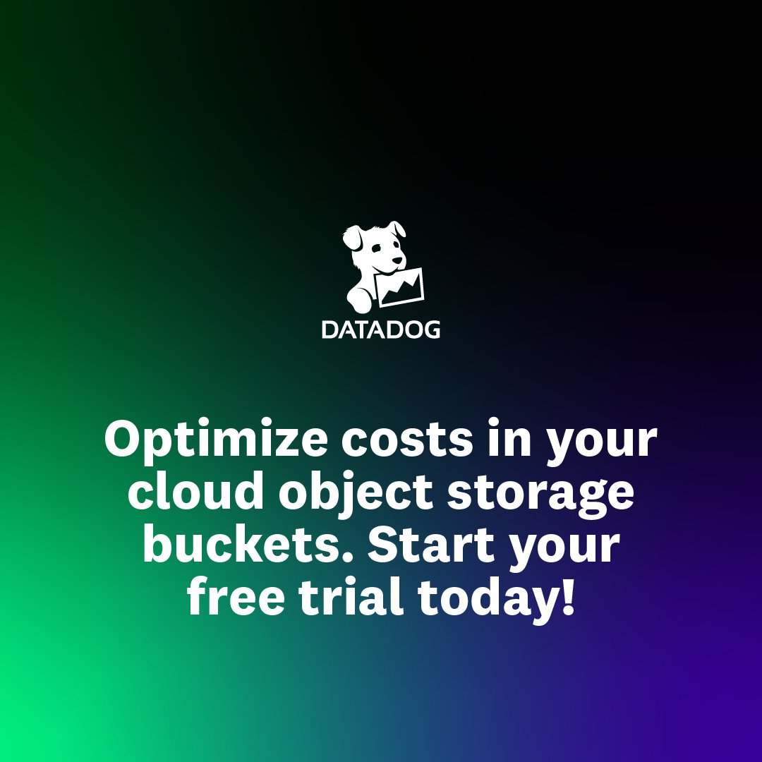datadoghq's tweet image. As cloud object storage usage grows with AI and data-intensive workloads, storage costs can quickly spiral.

Take control with Datadog Storage Management by pinpointing which teams, services, workloads, and data sets are driving costs with granular visibility into all — in one…