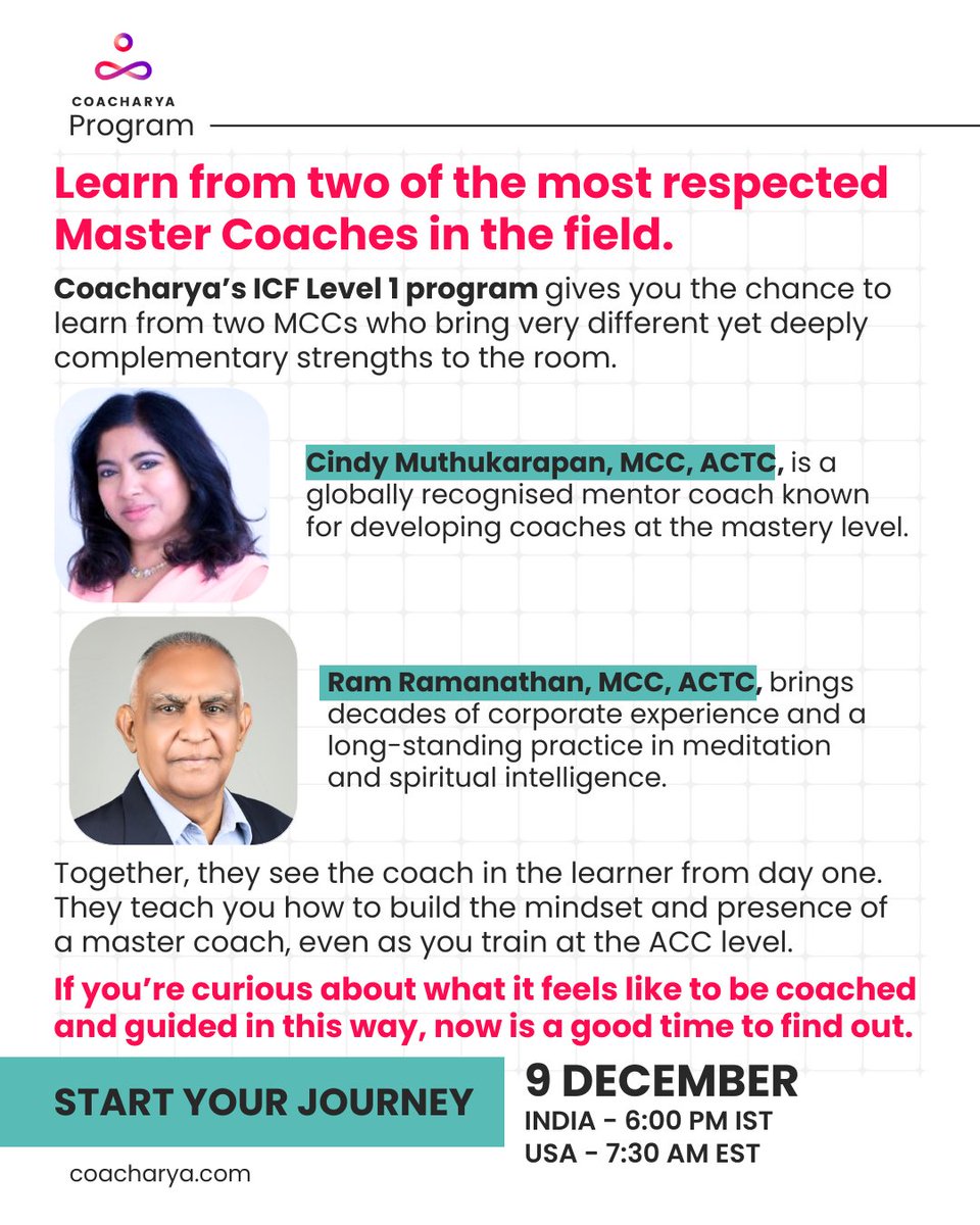 Coacharya's tweet image. Two MCCs. One Level 1 program.

A space where you’re seen as a coach right from the start.

Join the Program: tinyurl.com/mpk8dpzy

#CoachTraining #Coacharya #ICFCoaching #LeadershipDevelopment