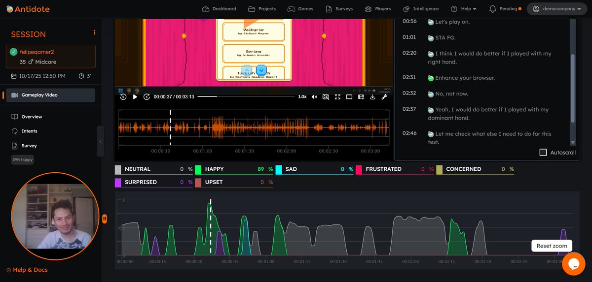 Watching what players do is easy.

Reading how they feel in the moment? Not so much.

Our Emotion Detection feature helps with that. With face recording on, it tracks expressions in real time and lines them up with the exact moment in gameplay.

No more guessing 😎