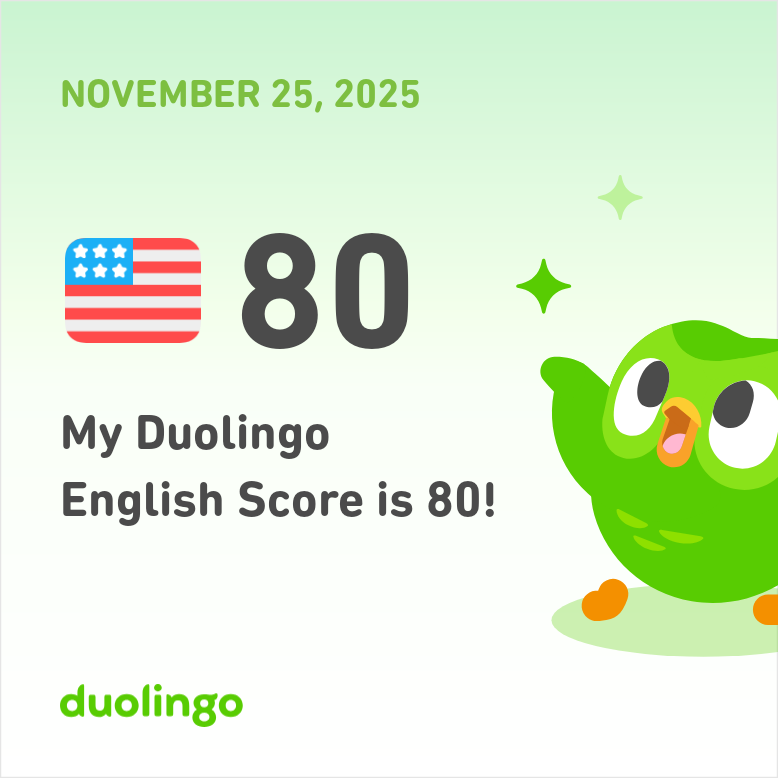 Zermarden's tweet photo. My Duolingo English Score is 80! https://t.co/cLaPsnyPCj