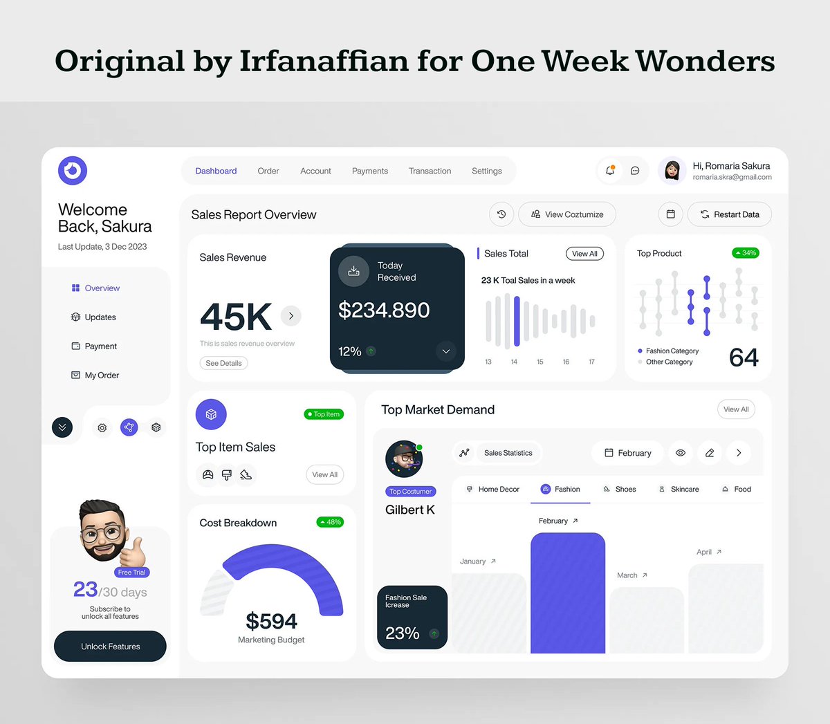 rabia191722's tweet image. Day 18 of my 120-Day Copy Design Challenge!

Today’s copy design is inspired by the original dashboard by Irfanaffian (One Week Wonders).

Practicing spacing, alignment &amp;amp; visual hierarchy.

#UIDesign  #Figma #DesignPractice 
#UIUX #ProductDesign #DesignChallenge #120DayChallenge