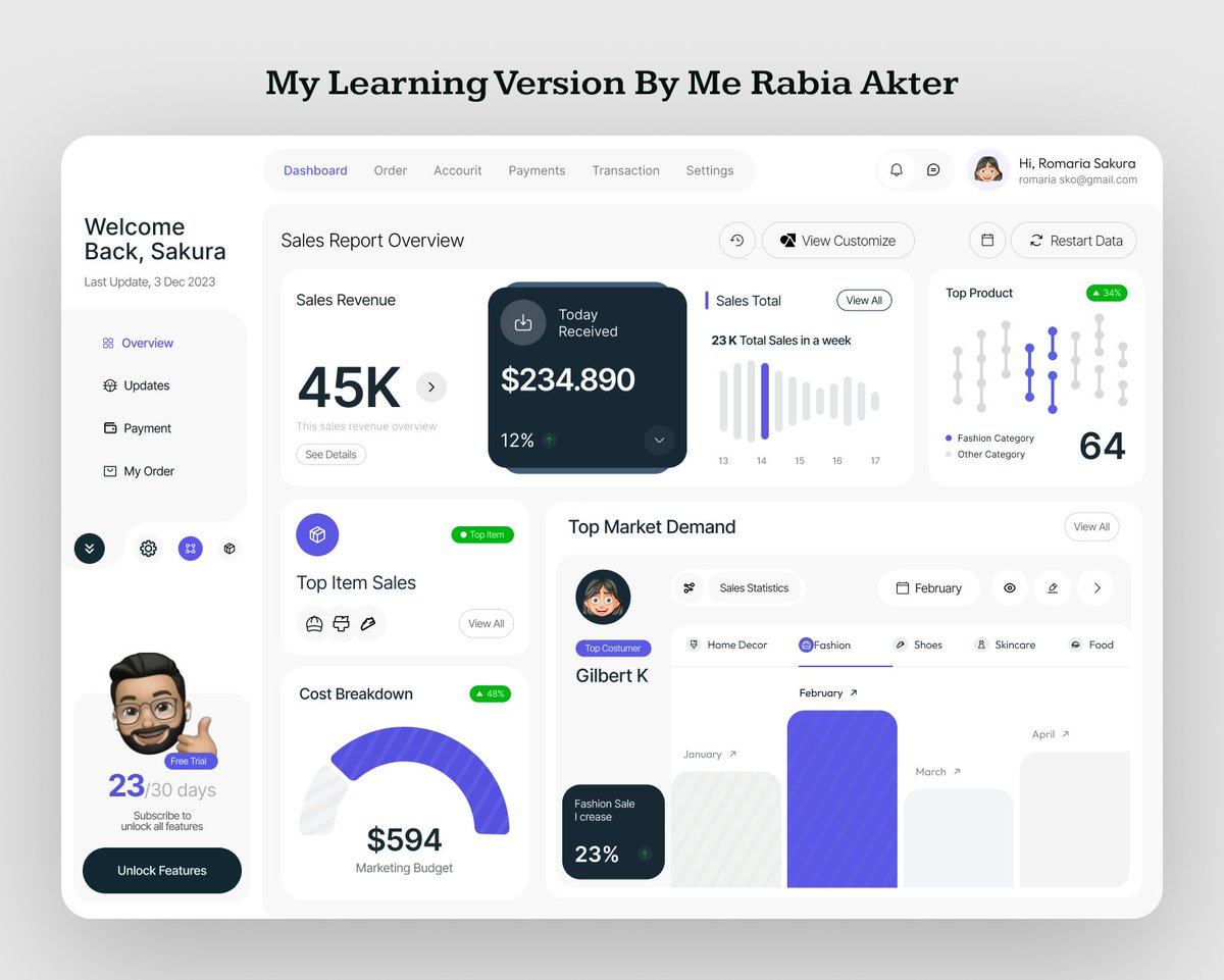 rabia191722's tweet image. Day 18 of my 120-Day Copy Design Challenge!

Today’s copy design is inspired by the original dashboard by Irfanaffian (One Week Wonders).

Practicing spacing, alignment &amp;amp; visual hierarchy.

#UIDesign  #Figma #DesignPractice 
#UIUX #ProductDesign #DesignChallenge #120DayChallenge
