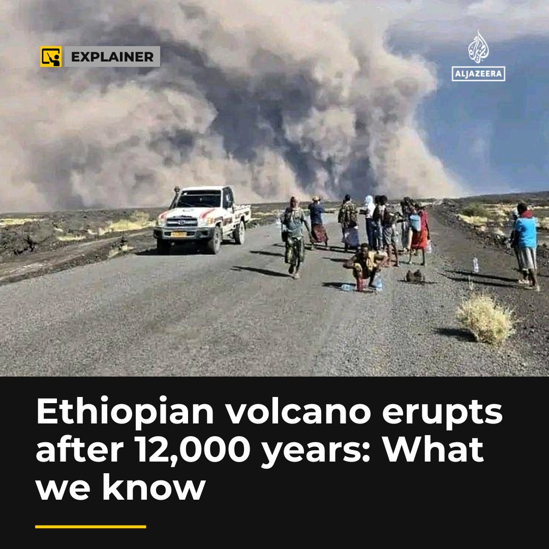 AJEnglish's tweet photo. Several airlines in India have been forced to cancel flights because of dangerous volcanic ash after Ethiopia’s Hayli Gubbi volcano erupted for the first time in 12,000 years https://t.co/npUDpVjv34 https://t.co/uyScPvremV