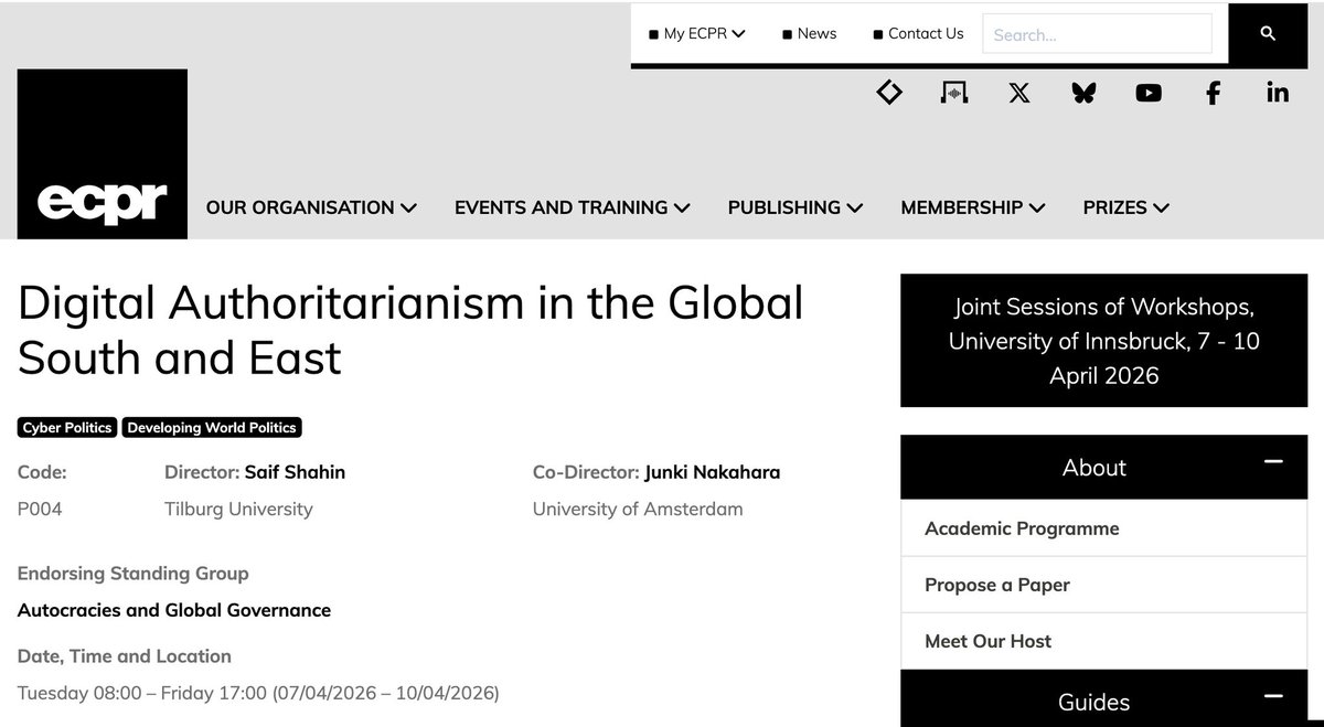 JkNkhr's tweet image. 🚨#CallForPapers 2 weeks left to submit your 500-word abstract for our @ECPR workshop on #digital #authoritarianism in the Global South &amp;amp; East (7-10 April 2026 at Uni. of Innsbruck, Austria). #ecprjs26
Details👉ecpr.eu/JointSessions
Feel free to DM/email for any questions.