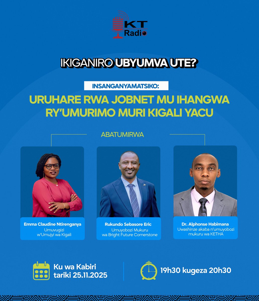 CityofKigali's tweet image. Uyu munsi guhera 19h30 ntimucikwe n’ikiganiro “Ubyumva Ute?” gutambuka kuri @ktradiorw ivugira kuri 96.7 FM.

Turavuga ku rubuga ruhuza abatanga imirimo n’abayikeneye #KigaliJobNet ruzaba kuri uyu wa Kane muri #KCEV Camp Kigali. 

Uri umwe mu bazatanga imirimo? Nonese urifuza