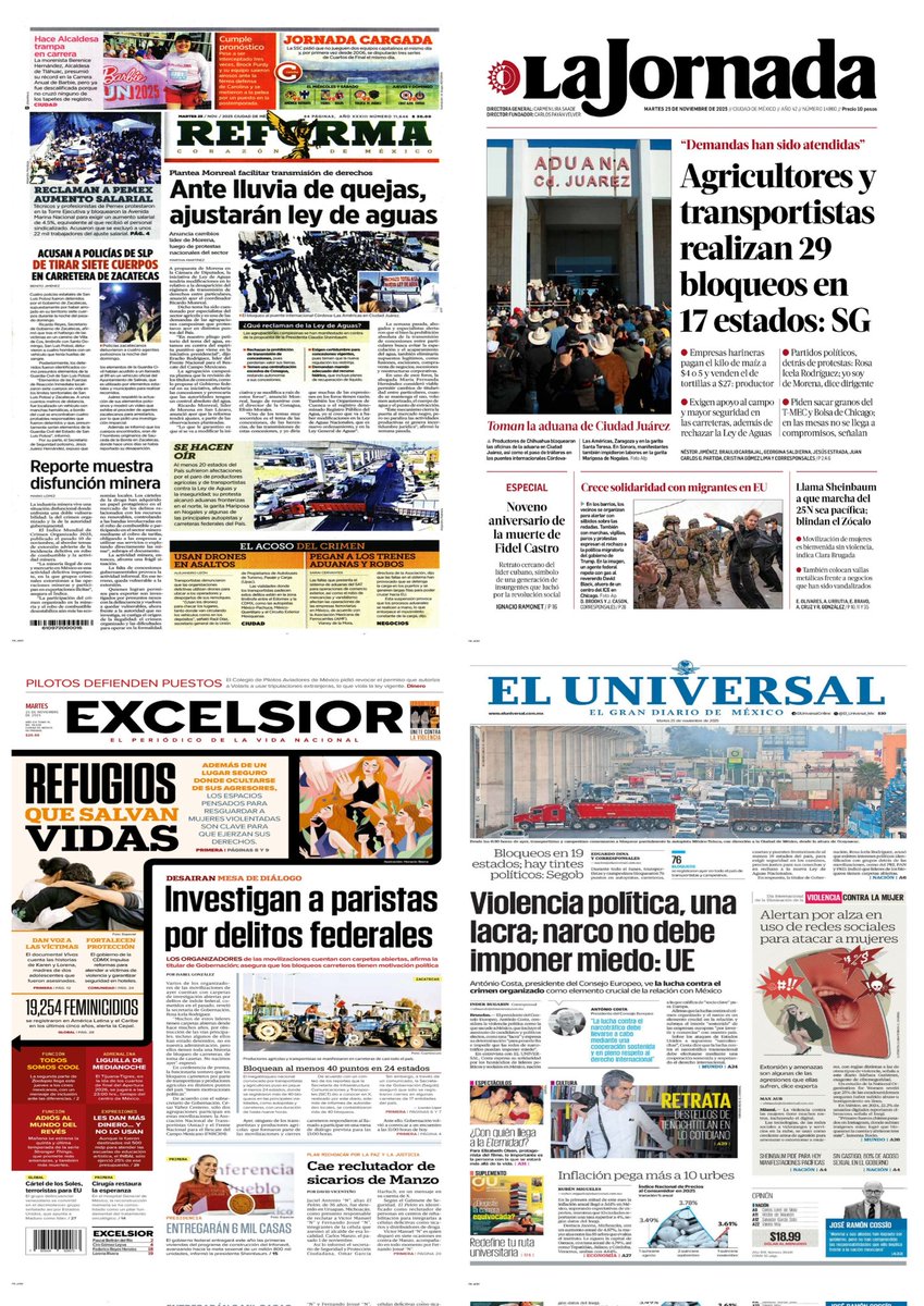 castroclemente's tweet image. En #PrimerasPlanas 
#Portadas 
- Bloqueos en 17 estados; hay tintes políticos: Segob 
- #Hoy Día Internacional de la Eliminación de la Violencia contra la Mujer 

Hay #monos que ven y no ven 

EnTT #25N #DíaNaranja 
Conferencia Matutina 

#TromposyPirinolas 
#FelizMartes