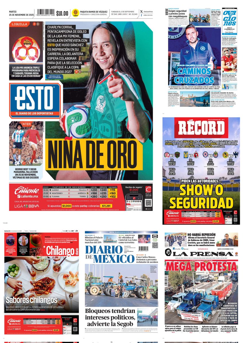 castroclemente's tweet image. En #PrimerasPlanas 
#Portadas 
- Bloqueos en 17 estados; hay tintes políticos: Segob 
- #Hoy Día Internacional de la Eliminación de la Violencia contra la Mujer 

Hay #monos que ven y no ven 

EnTT #25N #DíaNaranja 
Conferencia Matutina 

#TromposyPirinolas 
#FelizMartes