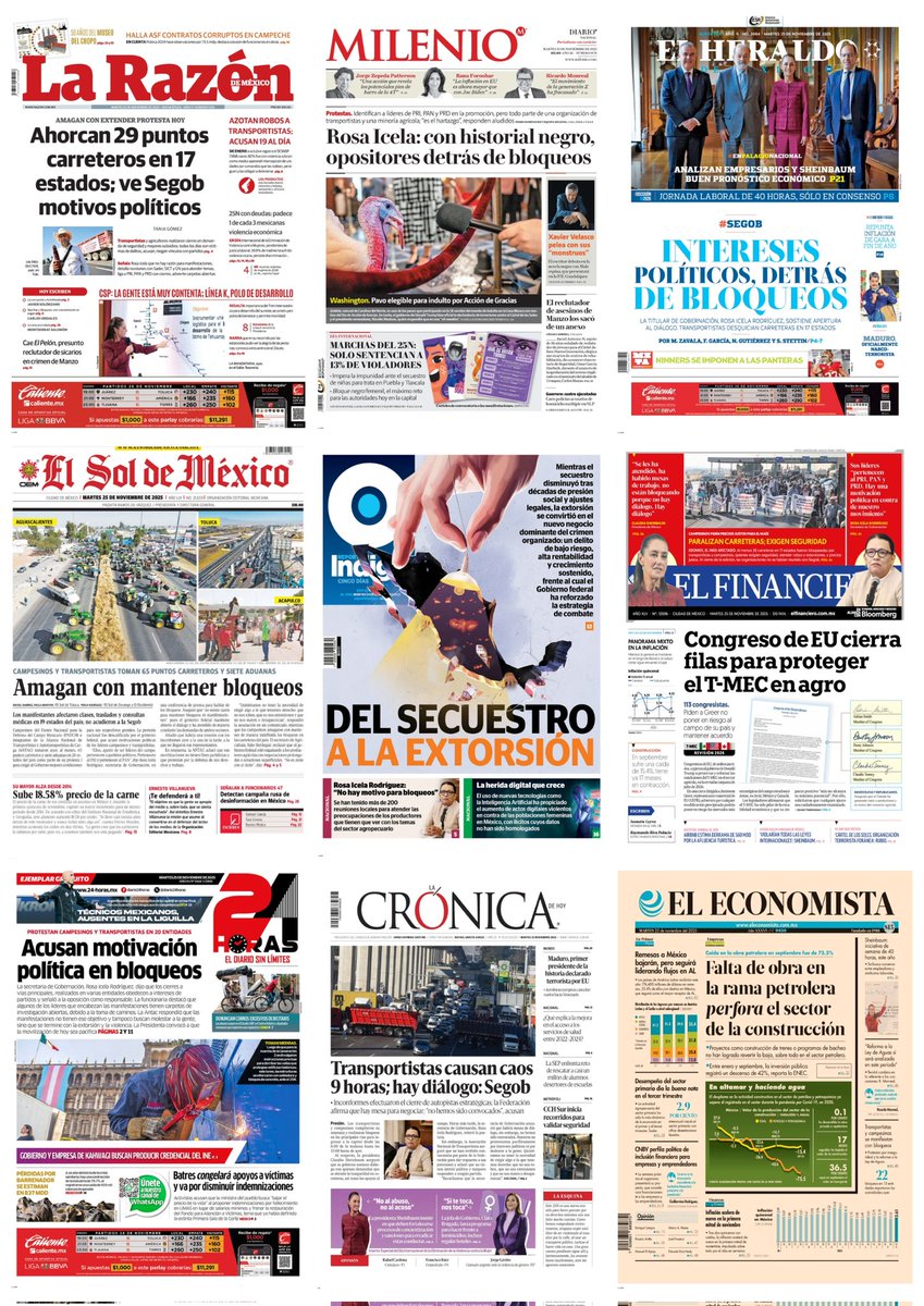 castroclemente's tweet image. En #PrimerasPlanas 
#Portadas 
- Bloqueos en 17 estados; hay tintes políticos: Segob 
- #Hoy Día Internacional de la Eliminación de la Violencia contra la Mujer 

Hay #monos que ven y no ven 

EnTT #25N #DíaNaranja 
Conferencia Matutina 

#TromposyPirinolas 
#FelizMartes