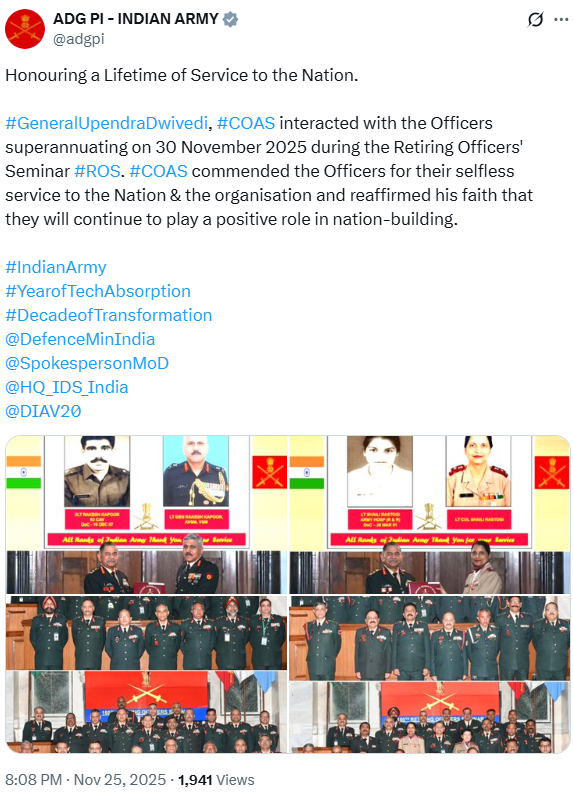 PTI_News's tweet image. ADG PI - INDIAN ARMY posts, &quot;Honouring a Lifetime of Service to the Nation #GeneralUpendraDwivedi, #COAS interacted with the Officers superannuating on 30 November 2025 during the Retiring Officers&apos; Seminar #ROS. #COAS commended the Officers for their selfless service to the…