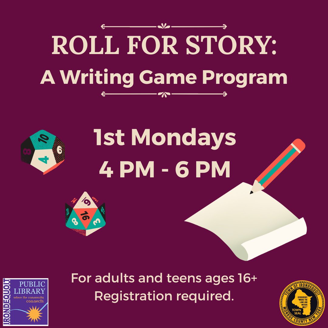 NEXT MONDAY (12/1/25) – Roll for Story: Random Mystery Writing

Have writer’s block? Just want to help write something fun? Then Roll for Story is for you!

REGISTER HERE: irondequoitlibrary.libcal.com/event/14680151