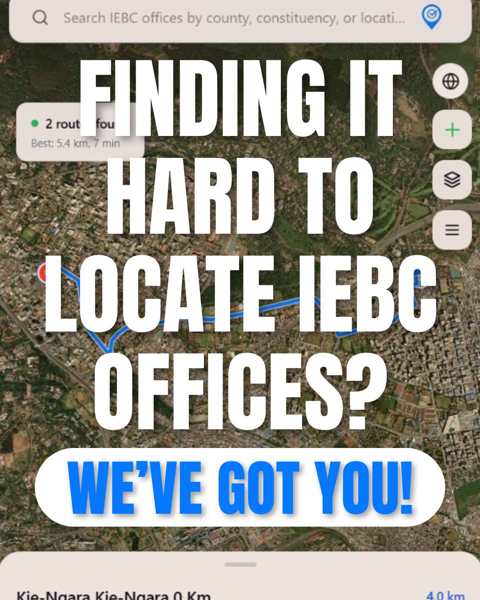 Finding IEBC offices in Kenya is harder than it should be.

So we built NASAKA IEBC,  a tool to fix that.

🗺️ Interactive map of all IEBC offices
📱 Directions straight to your phone
✅ Crowdsourced location verification

Try it: recall254.vercel.app/iebc-office

🧵👇🏽