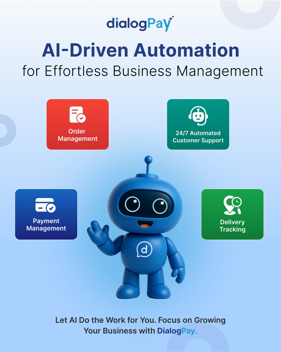 DialogPay's tweet image. Effortless business management starts with AI.
Automate orders, payments, delivery tracking, and customer support — all with DialogPay.

#DialogPay #AIForBusiness #AutomateEverything #BusinessManagement #TechSolutions #FutureOfBusiness