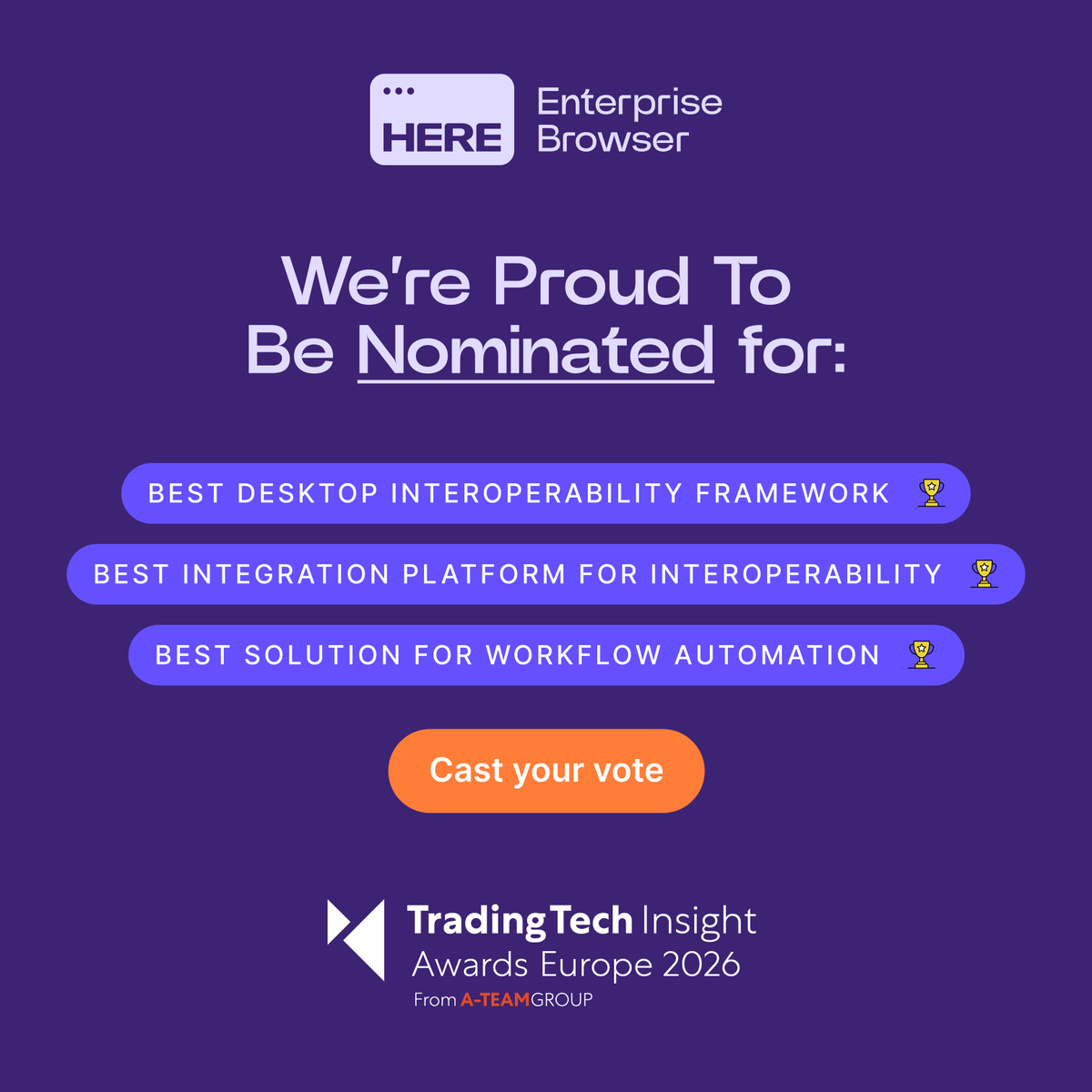 here_browser's tweet image. HERE has been nominated for three categories at the TradingTech Insights Awards Europe 2026!

Voting is easy – and it only takes 30 seconds:
🔗hubs.li/Q03VPBmK0
Select HERE (Formerly OpenFin) for #46, #47, and #49
Submit!

#Interoperability #TradingTech #TTIAwards #FinTech